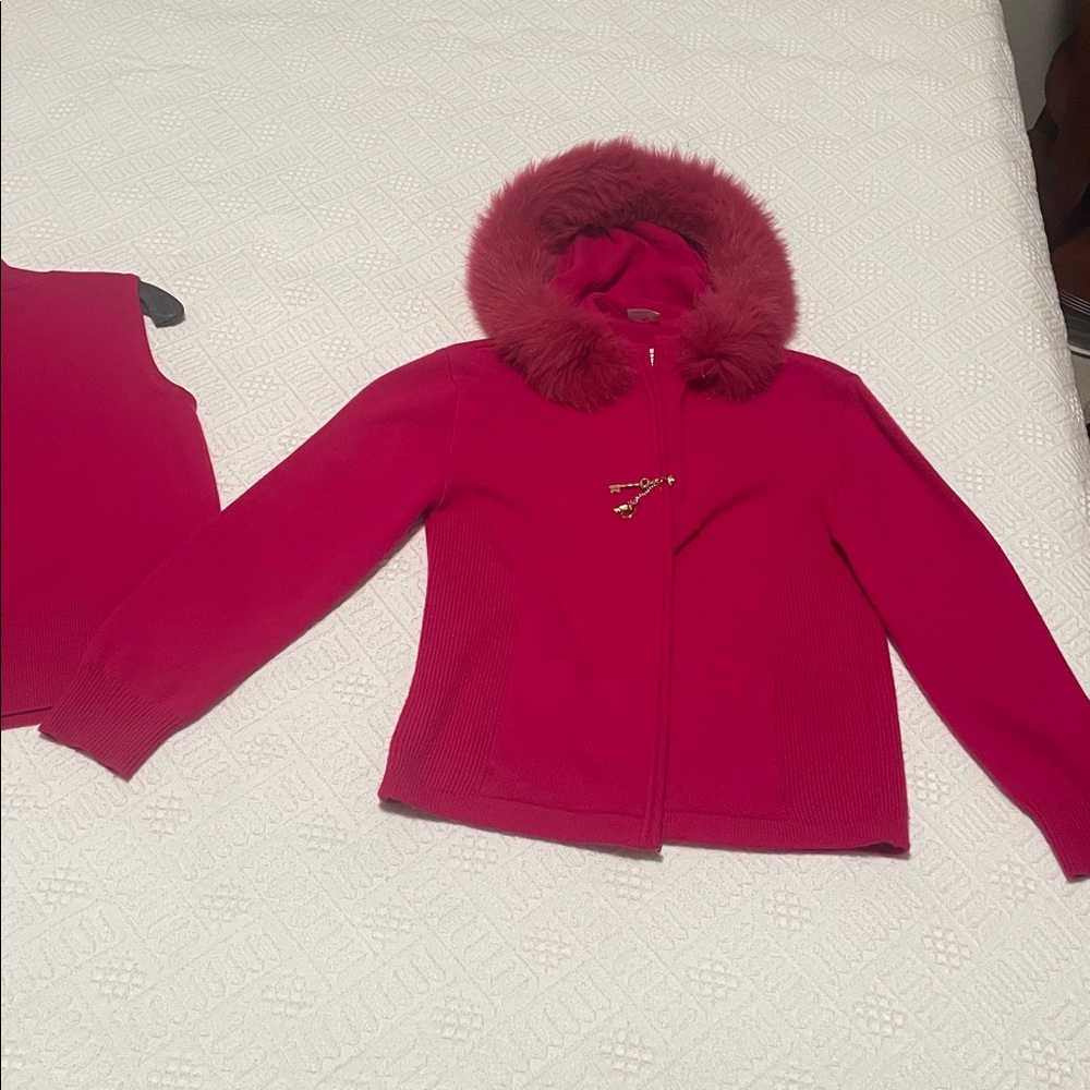 St. John Cashmere Fox Fur Trim knit sweater set cardigan & tank top mock neck - Picture 8 of 17